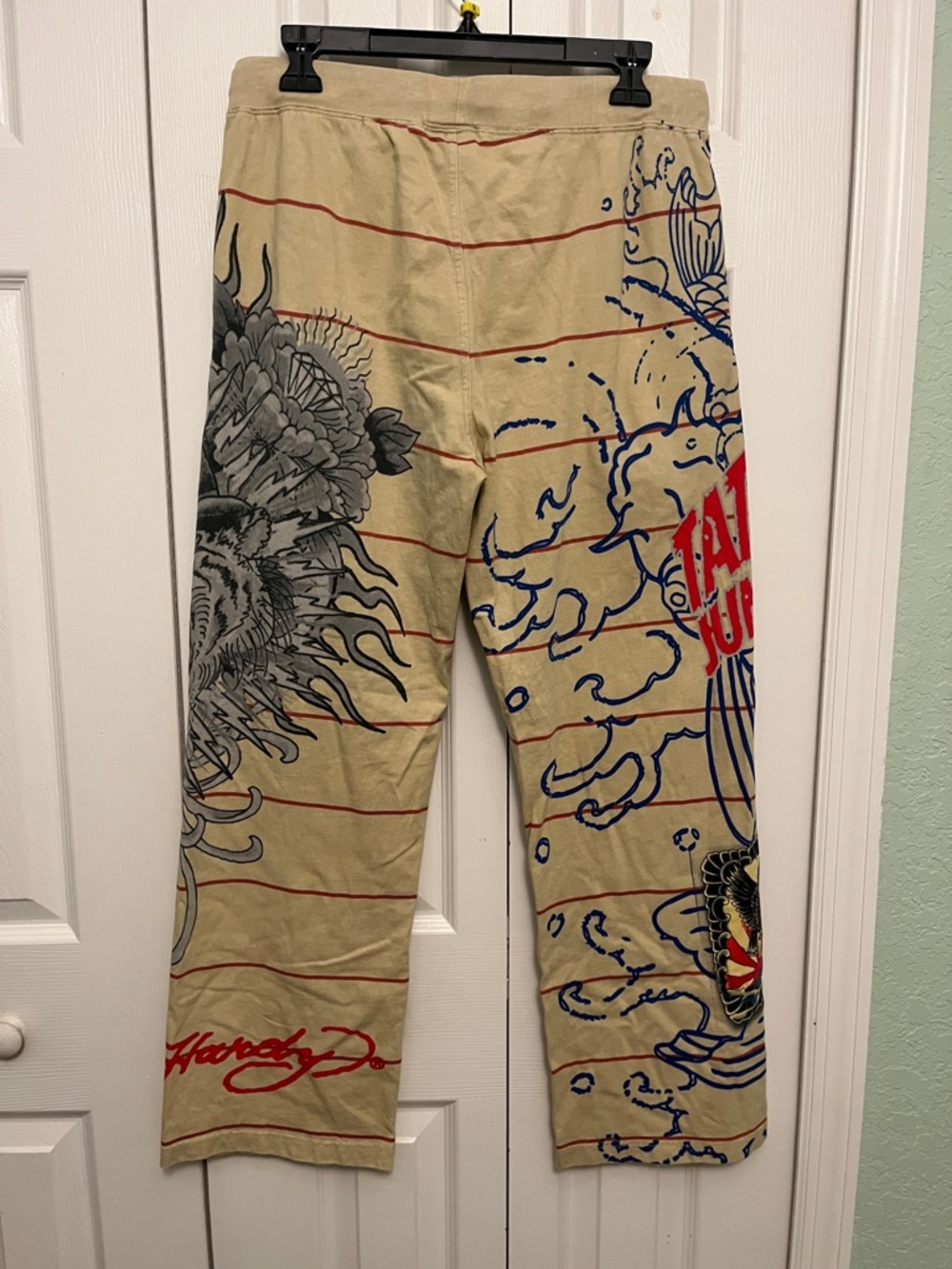Ed Hardy Tan Sweatpants with Blue Koi & Gray Tiger Graphics medium - Picture 8 of 10